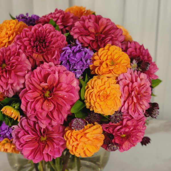 Pink, orange, and purple flowers arranged in a clear glass vase