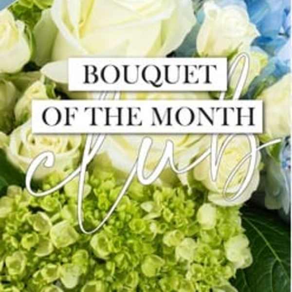 Bouquet of white roses, blue flowers, and green hydrangeas