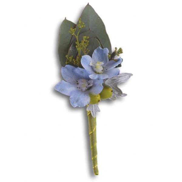 Small blue floral boutonniere with dark leaves and a wrapped stem