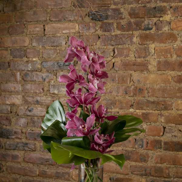 Tall pink orchid arrangement in a clear glass vase