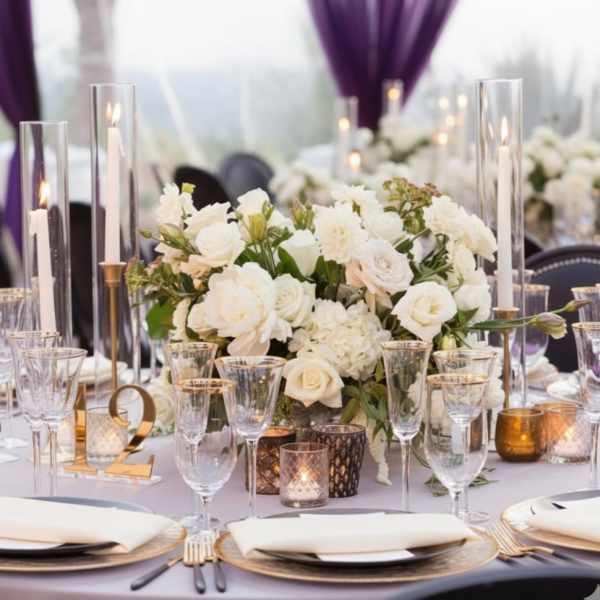 White floral centerpiece with candles on a decorated banquet table