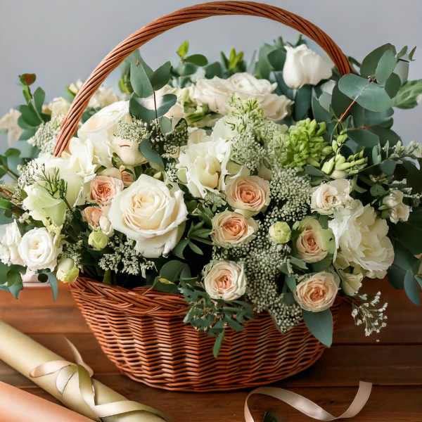 Basket of white and blush roses with eucalyptus