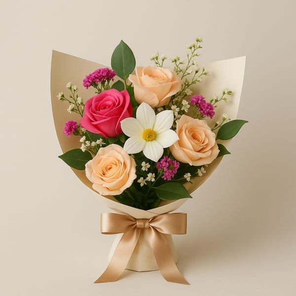 Bouquet of peach and pink roses with a white daisy in wrapping paper