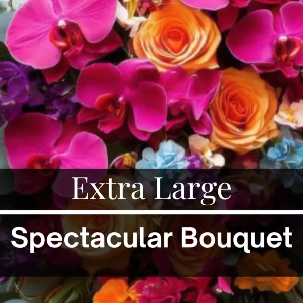 Bright bouquet of pink orchids and orange roses