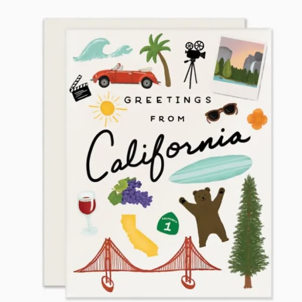 California greeting card with travel-themed illustrations