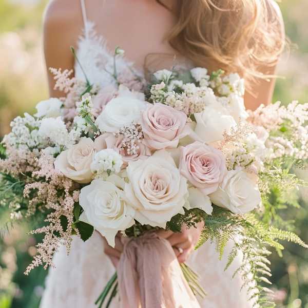 Bride holding a bouquet of pale pink and white roses