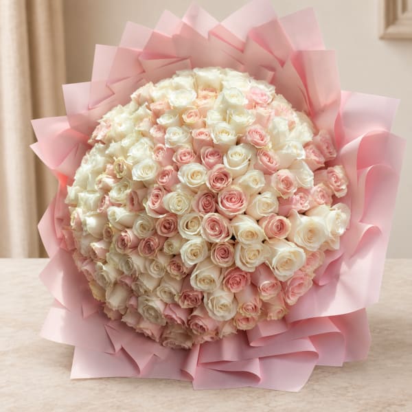 Large bouquet of pale pink and white roses wrapped in pink paper