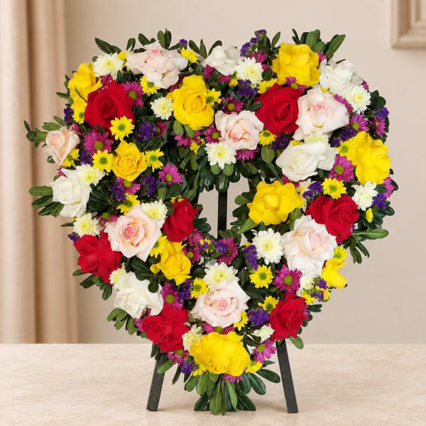 Heart-shaped floral arrangement with red, yellow, white, and pink roses