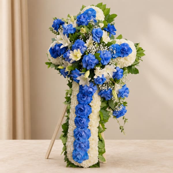 Blue and white floral standing spray on an easel