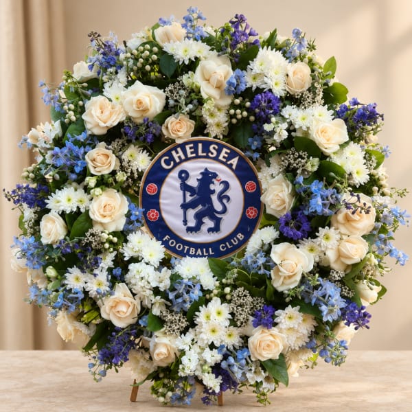 Round floral wreath with cream roses, white daisies, and blue-purple flowers around a Chelsea FC emblem