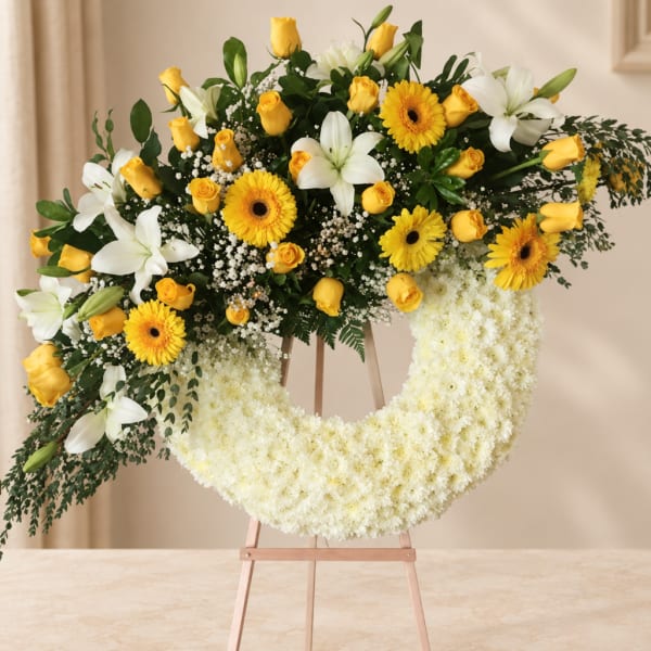 Yellow roses, white lilies, and gerbera daisies on a white floral wreath