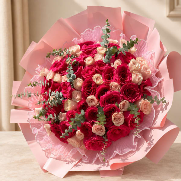 Bouquet of red and blush roses wrapped in pink paper