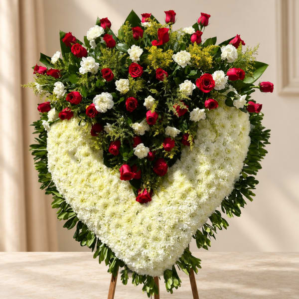 Heart-shaped floral standing spray with red and white roses and white chrysanthemums