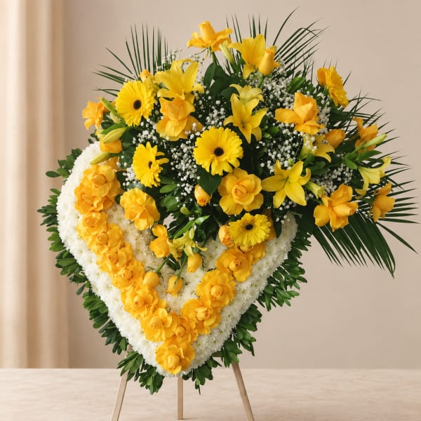 Heart-shaped yellow and white floral standing spray on an easel