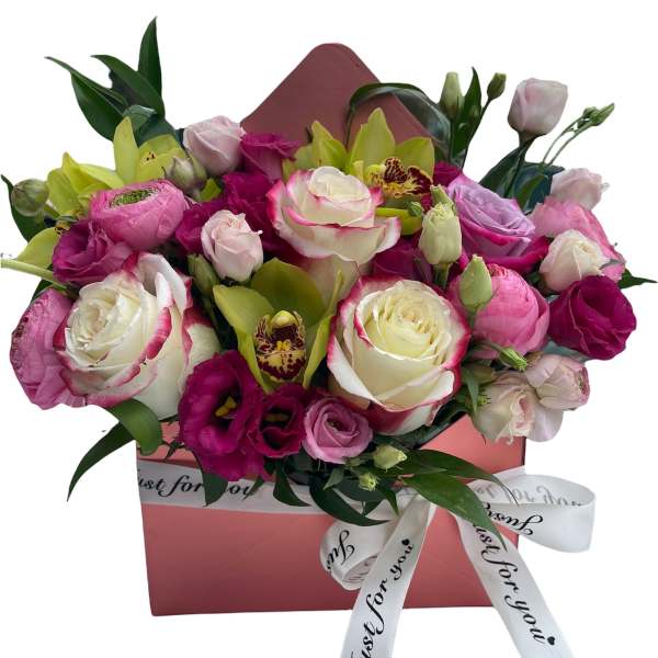 Pink and white rose bouquet in a pink gift box with ribbon