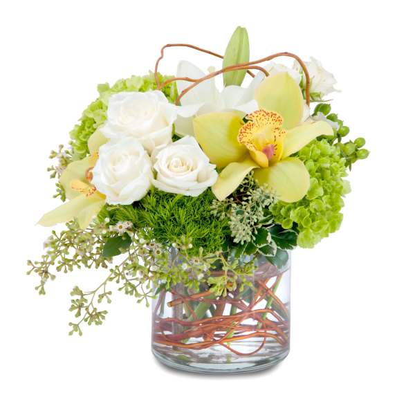 Low arrangement of white roses, yellow orchids and green blooms in a clear glass vase with curly twigs.