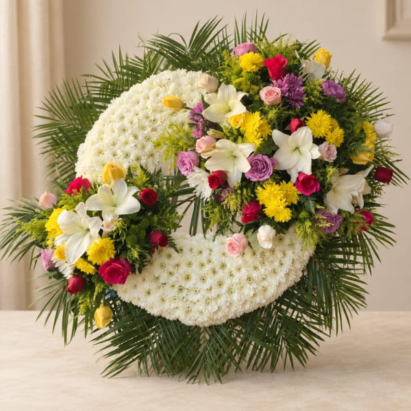 Heart-shaped floral wreath with white chrysanthemums and mixed roses, lilies, and daisies