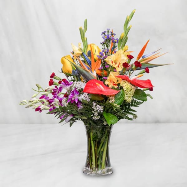 Tropical bouquet with orchids, anthuriums, and birds of paradise in a glass vase