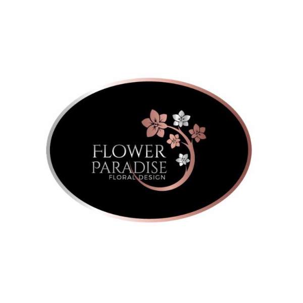 Flower Paradise Floral Design logo on a black oval sign
