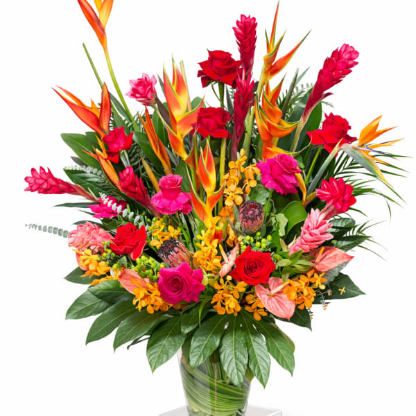 Tropical bouquet with red roses and orange bird-of-paradise in a glass vase