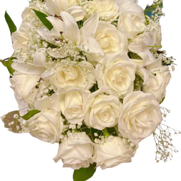 White rose and lily bouquet with baby's breath