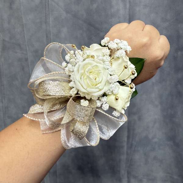 Gold White spray roses wrist corsage
