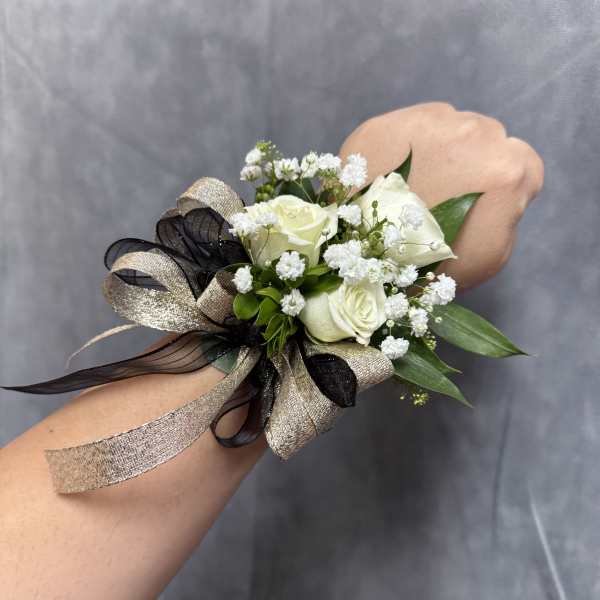 Black Gold White spray roses wrist corsage