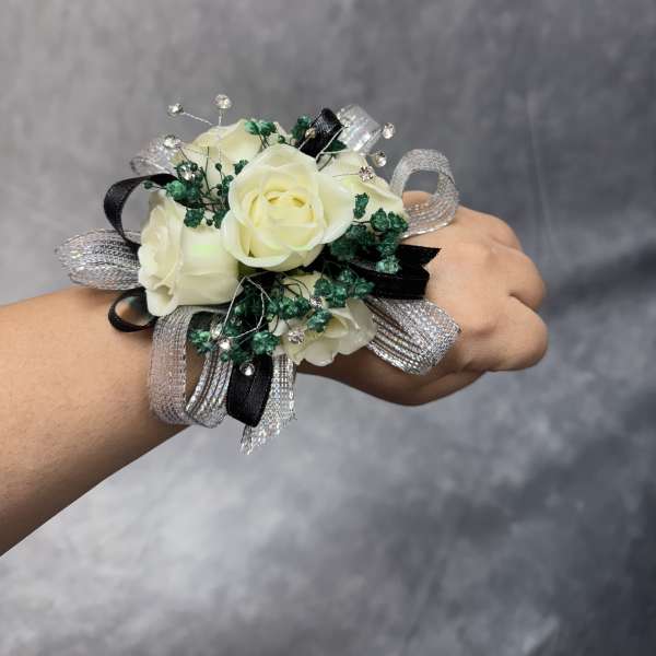 Black Silver Green White Spray Roses Corsage