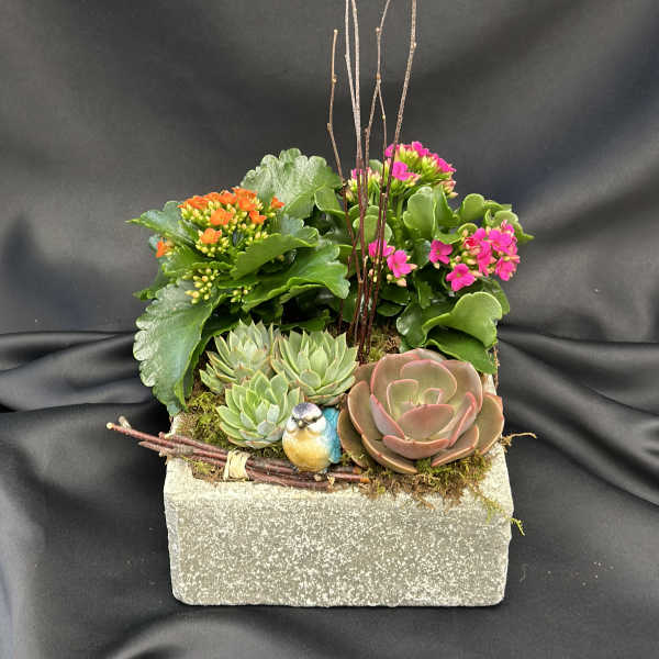 Succulent planter with pink and orange blooms in a rectangular stone container