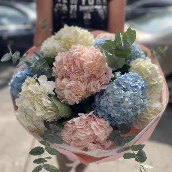 Bouquet of pastel hydrangeas with eucalyptus in pink wrapping