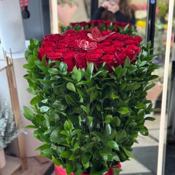 Long Red Roses in a Box. The photo shows the deluxe size.