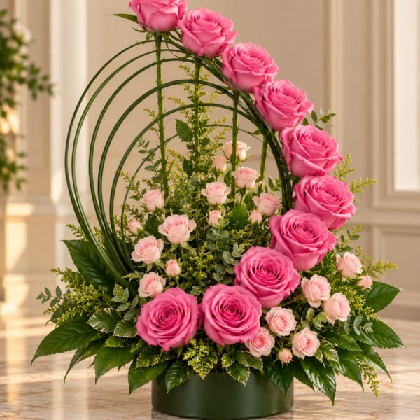 Pink roses arranged in a green vase with arched greenery accents
