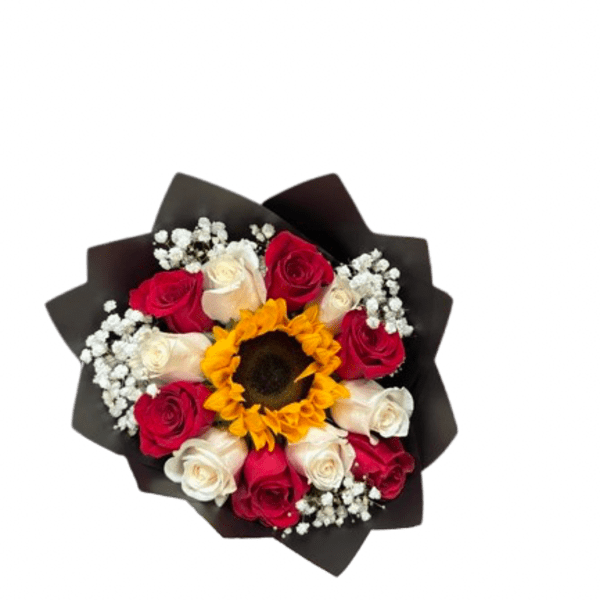 Hand-tied bouquet with a central sunflower, red and white roses, and baby's breath in black paper wrapping