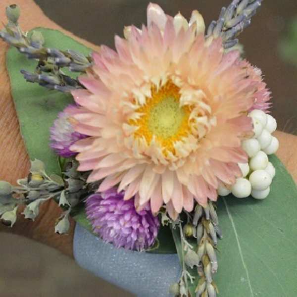 Small boutonniere with a pale peach flower and purple accents