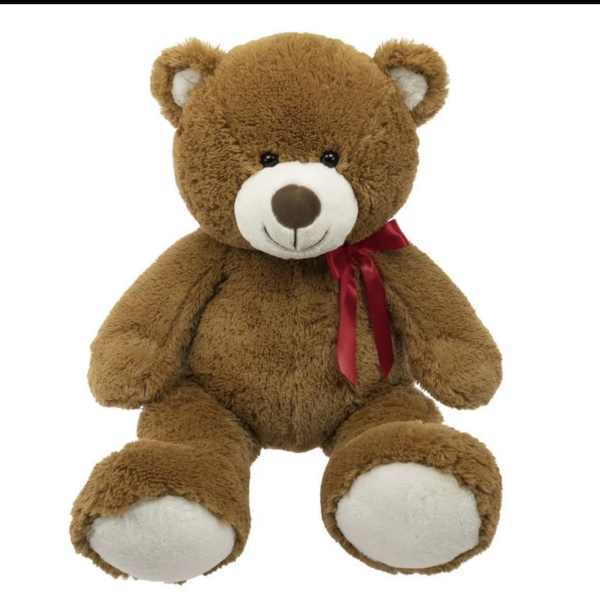 Brown teddy bear with a red ribbon bow