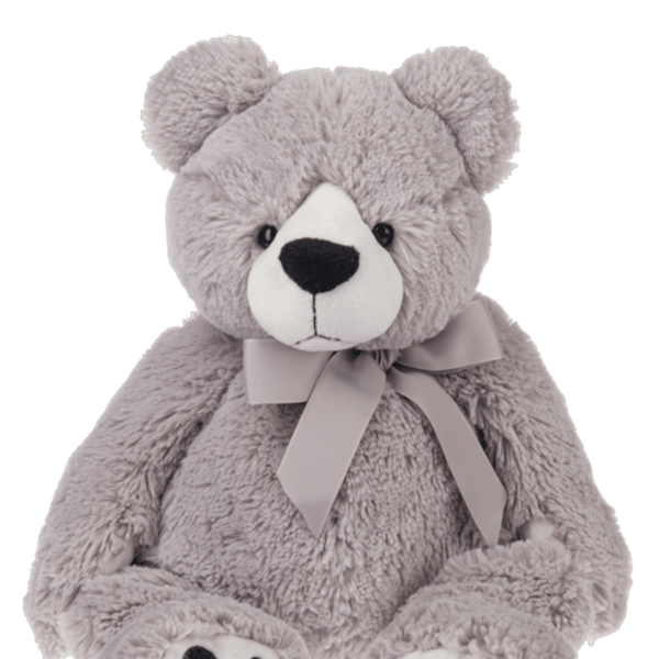 Gray teddy bear with a ribbon bow