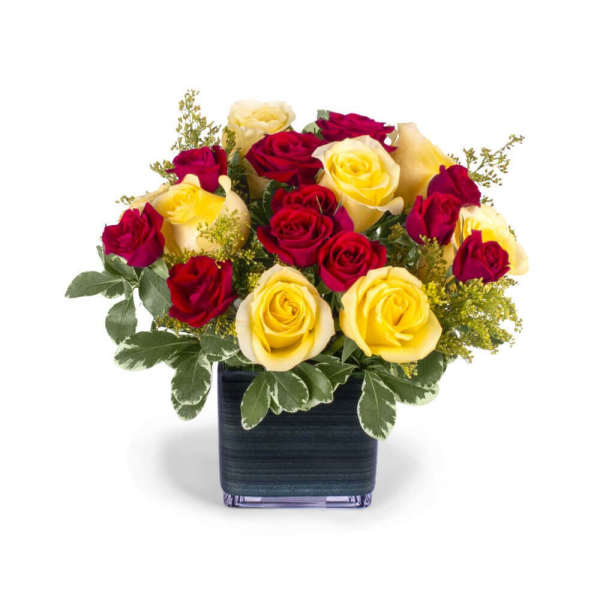 Compact arrangement of yellow and red roses in a dark square glass vase