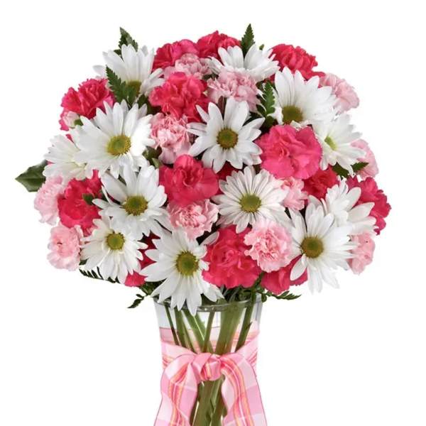 Pink carnations and white daisies in a glass vase with a pink ribbon