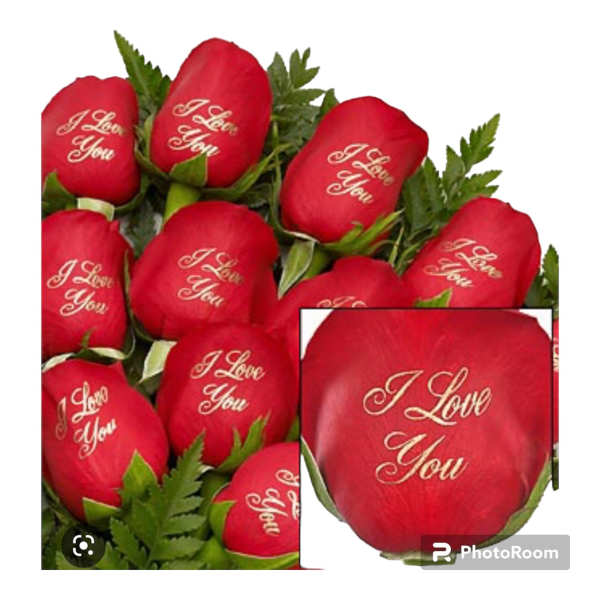 Red roses with "I Love You" printed on the petals