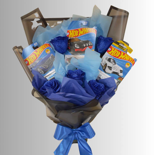 Bouquet of Hot Wheels toy cars wrapped in blue and brown paper with a blue ribbon
