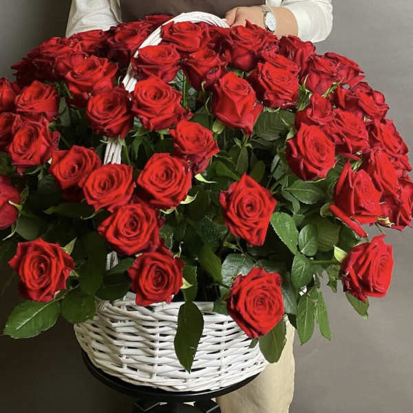 Large basket arrangement of red roses