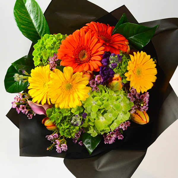 Bouquet of orange and yellow gerbera daisies with green hydrangeas