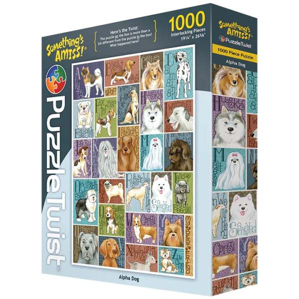 Box of a 1000-piece dog-themed puzzle with illustrated dog breeds