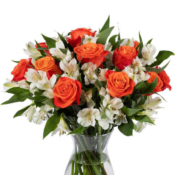Orange Roses & White Alstroemeria