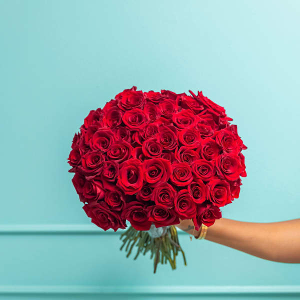 Large bouquet of red roses held against a blue wall