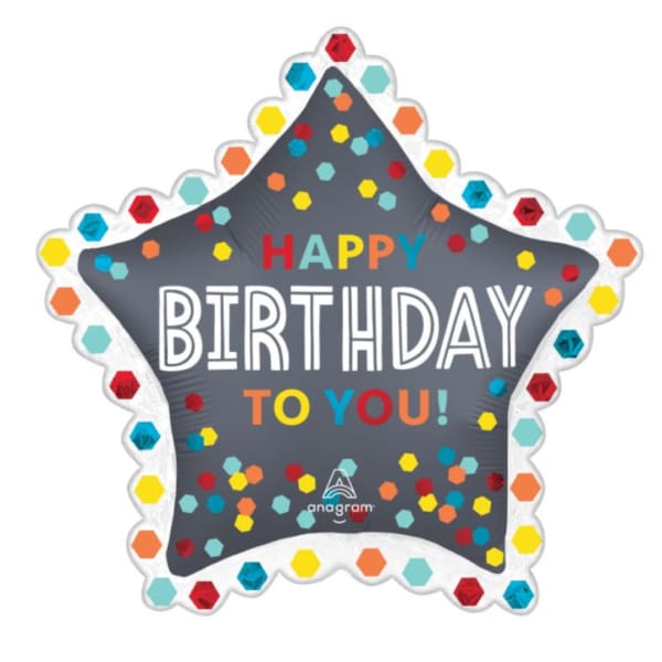 Star-shaped birthday balloon with colorful confetti text