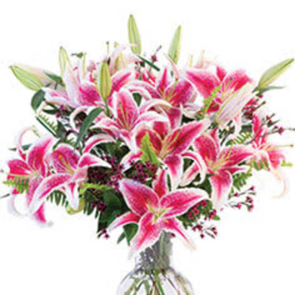 Pink lilies arranged in a clear glass vase