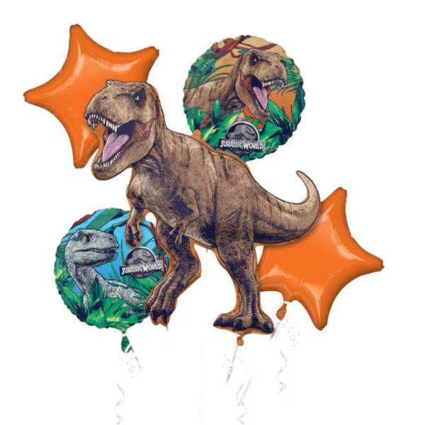 Jurassic World dinosaur balloons with orange star balloons