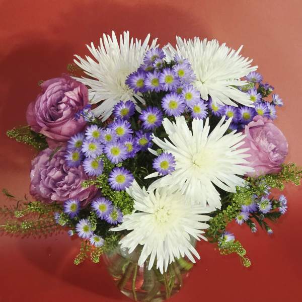 Mixed bouquet of white mums, purple asters, and lavender roses in a clear glass vase on a red background