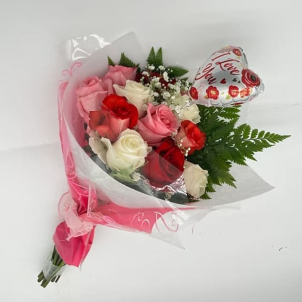 Bouquet of pink, red, and white roses with a heart balloon